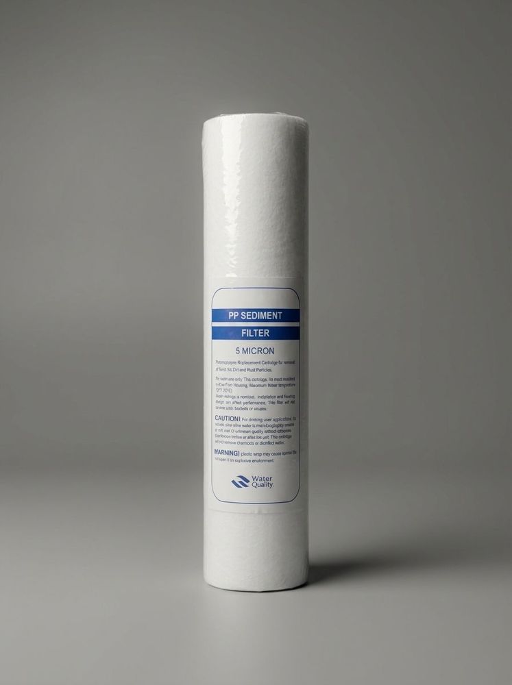 Filtro de polipropileno (PP) medida estándar 10". Retiene tierra, arena y sedimentos hasta 5 micras.