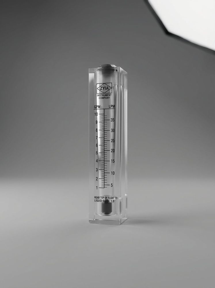 Rotámetro de lectura directa para montaje en panel. Rango de flujo hasta 10 galones por minuto (40 litros por minuto). Cuerpo sólido de acrílico transparente.