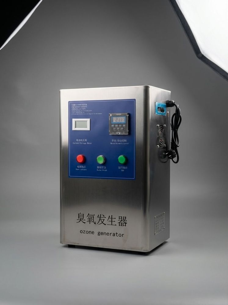 Equipo generador de ozono para purificación de aire o agua. Gabinete robusto de acero inoxidable. Incluye temporizador digital programable para automatizar el encendido y apagado. Refrigeración por aire.