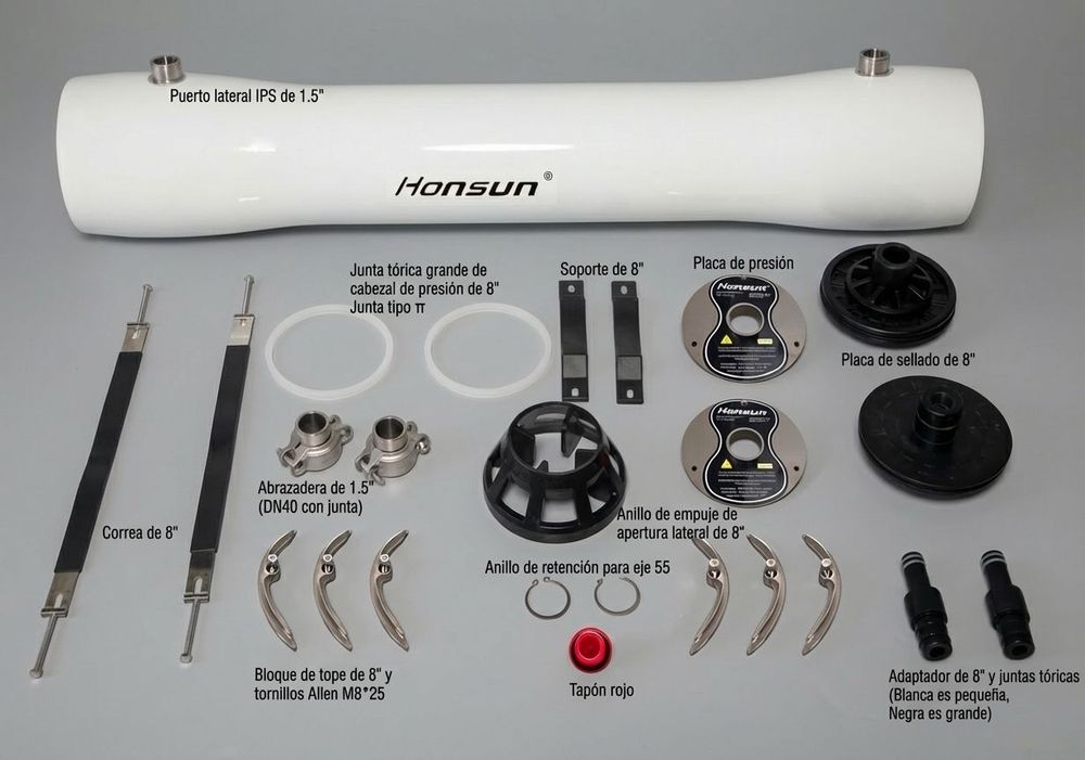 Carcasa de presión Honsun para membranas de ósmosis inversa de 8". Fabricada en fibra de vidrio (FRP) con conexiones laterales de 1.5". Presión de trabajo 300 PSI.